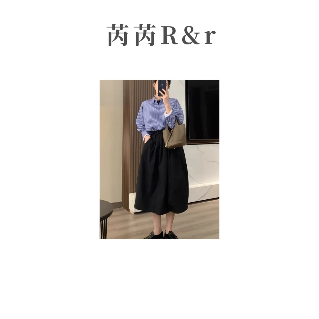 芮芮Rr - “韩系花苞”黑色灯笼a字半身裙松紧腰日系文艺花苞裙子