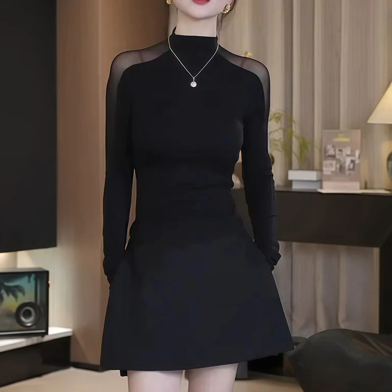 微透网纱拼接黑色上衣女夏季御姐高级新款小衫紧身别致长袖t恤潮