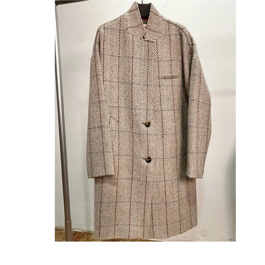 【318】条纹立领中长款羊毛大衣