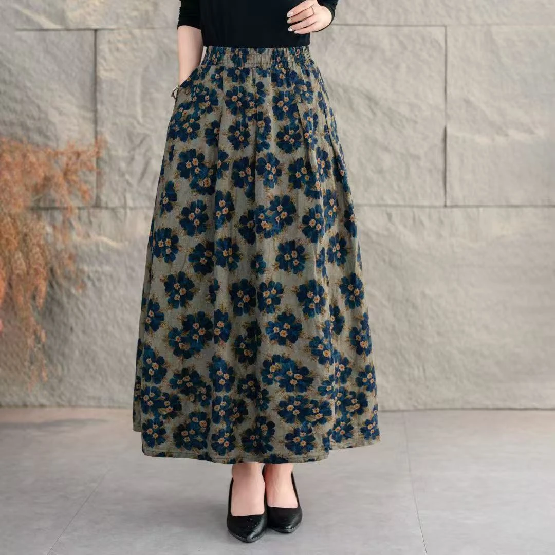 高腰印花棉麻碎花半身裙大摆大码女士中长款夏季民族风气质女装