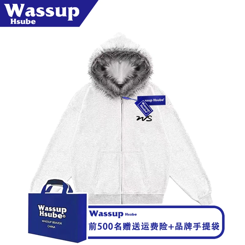 WASSUP HSUBE简约字母印花拉链外套秋季白灰开衫男女毛绒连帽卫衣
