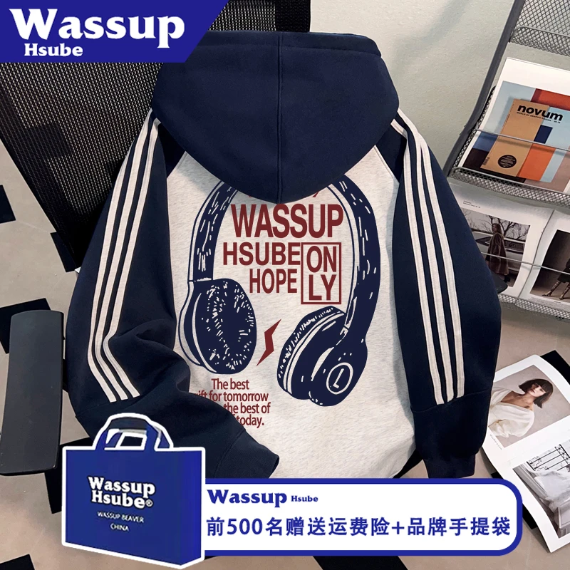 WASSUP HSUBE耳机印花男女款卫衣秋冬拉链三条杠外套加绒连帽开衫