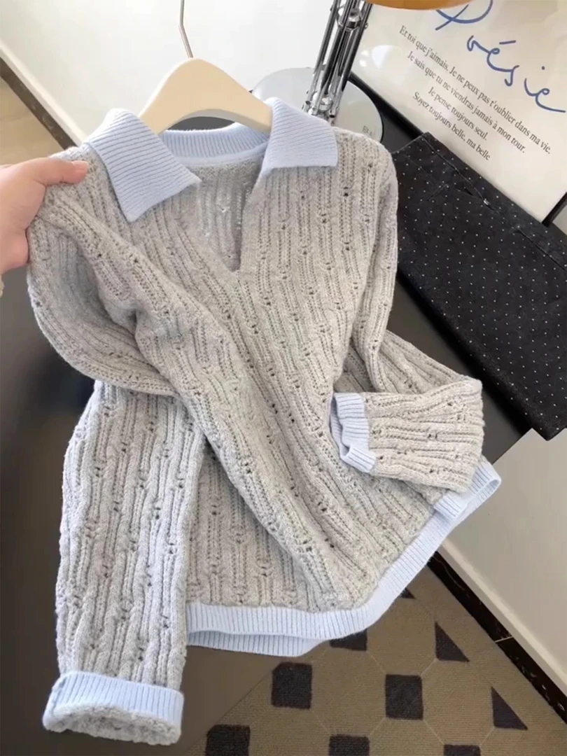 韩系撞色翻领长袖针织衫女2025秋冬季新款宽松慵懒风软糯毛衣上衣