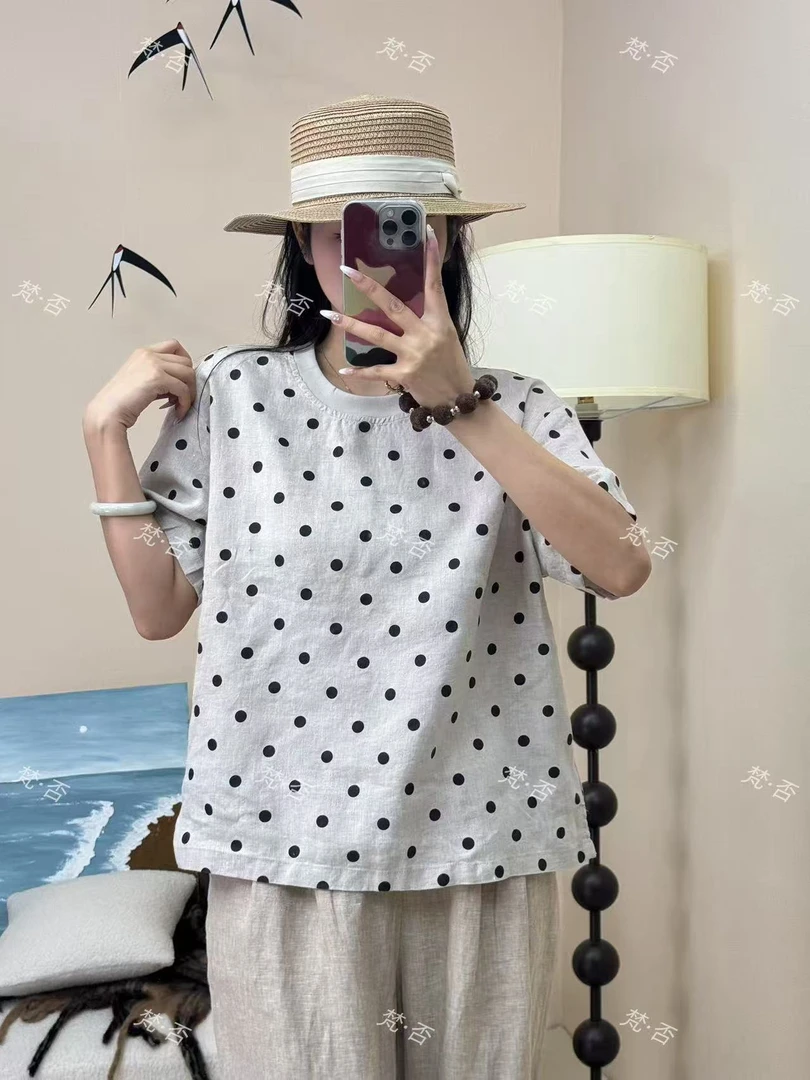 【梵·否】8811夏季新款衬衫简约百搭波点无扣显瘦宽松短袖