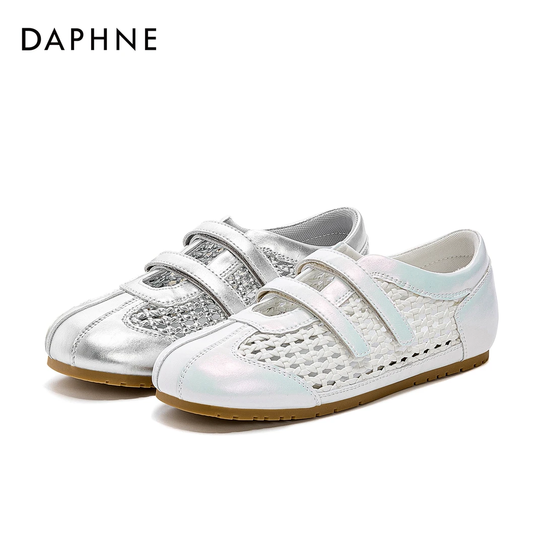 达芙妮2025女士夏季魔术贴玛丽珍百搭编织镂空透气平底圆头单鞋