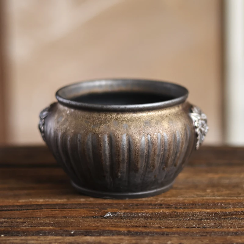 【宽窄】灰念鎏金狮首建水（Q2838）口径10CM高8CM容量380CC