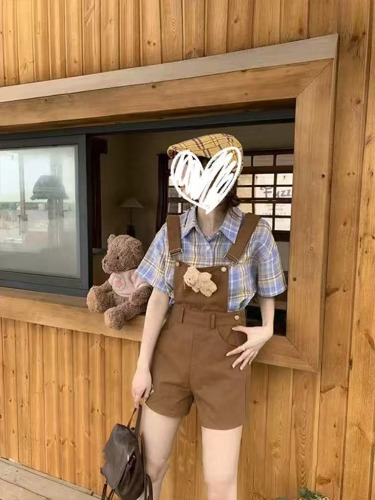 胖MM夏季学院风甜美清新方领衬衫＋百搭背带裤短裤减龄两件套