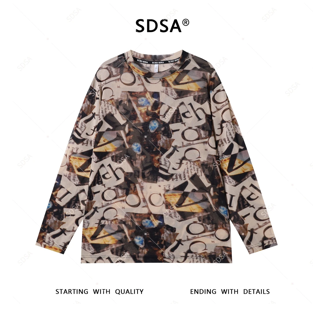 SDSA秋季新款男士痞帅潮牌美式扎染撞色字母图案圆领长袖T恤百搭