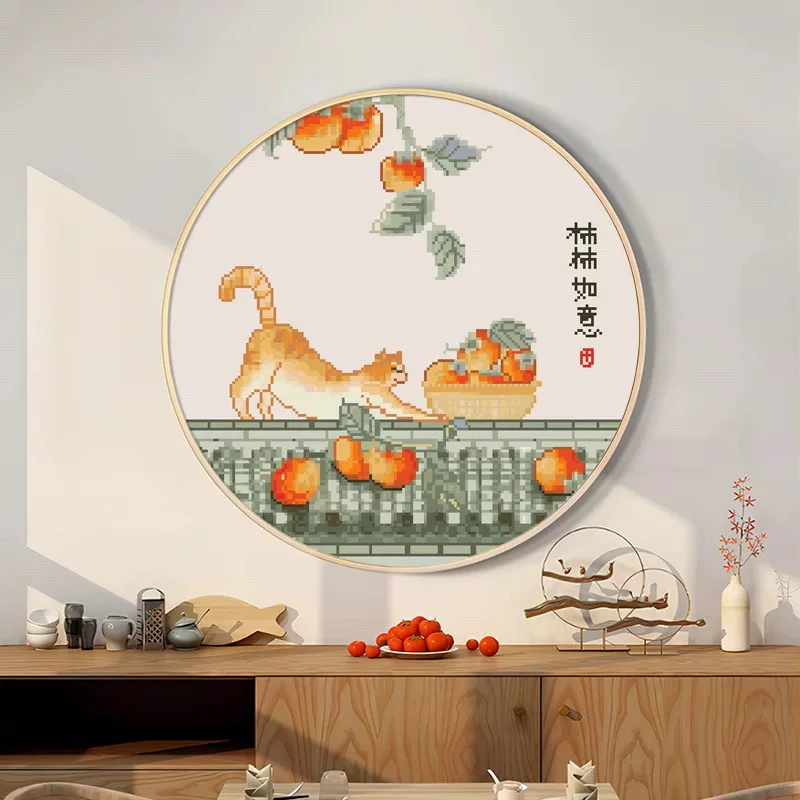 纯手工绣好的十字绣成品柿柿如意猫咪539大格客厅挂画
