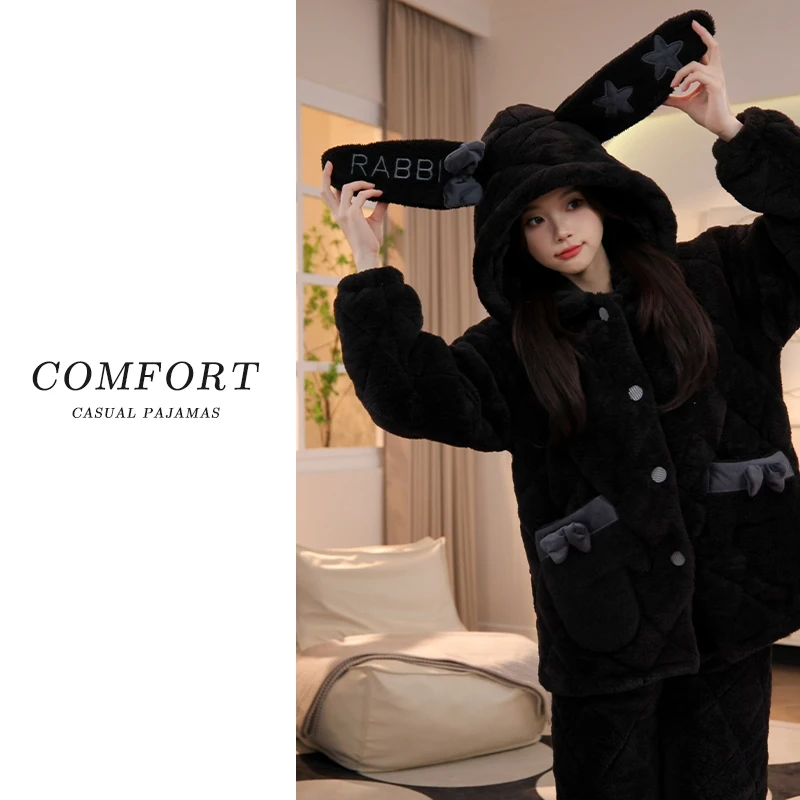 【加加加厚-更保暖】珊瑚绒三层夹棉加绒高颜值保暖连帽家居服套装