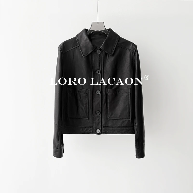 以赛亚 慕尼黑夜 秋冬高级感短款方领单排扣百搭真皮皮衣外套2387