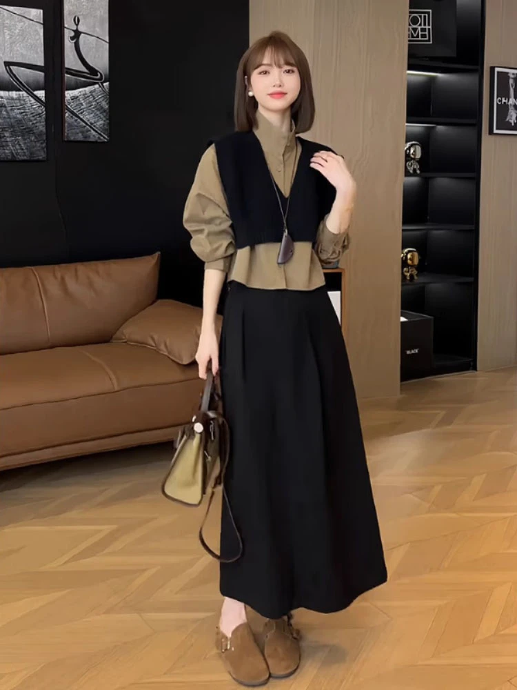 春季穿搭一整套新款法式高级感气质叠穿针织马甲衬衫半身裙三件套