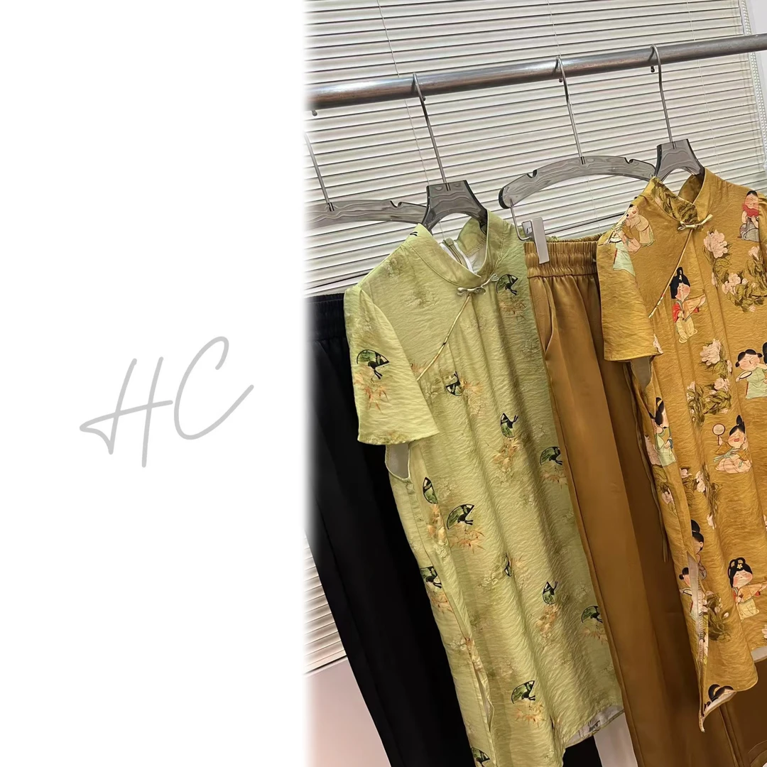 《斜盘扣新中式》套装夏季家居服宽松黄色印花休闲国风