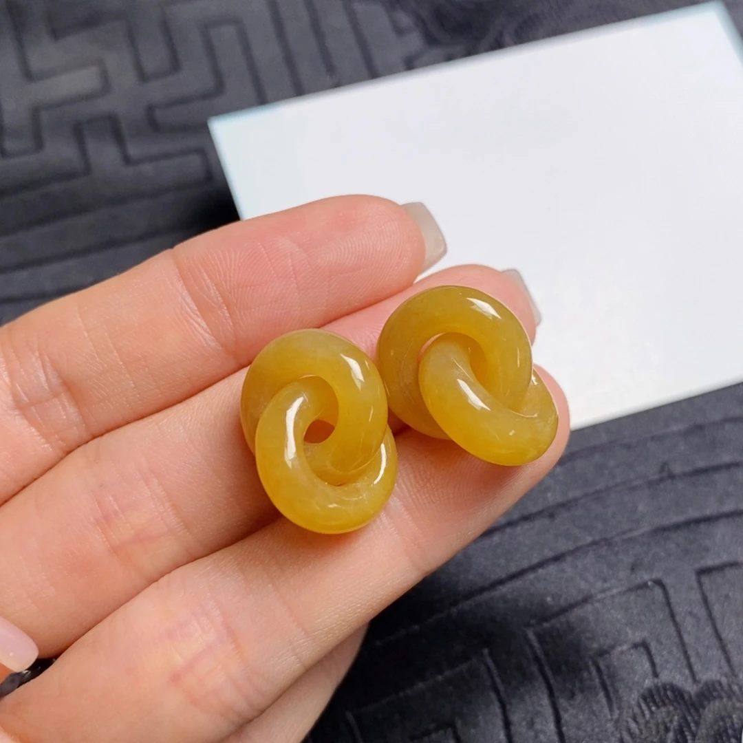 翡翠未镶嵌耳饰满黄翡双环
