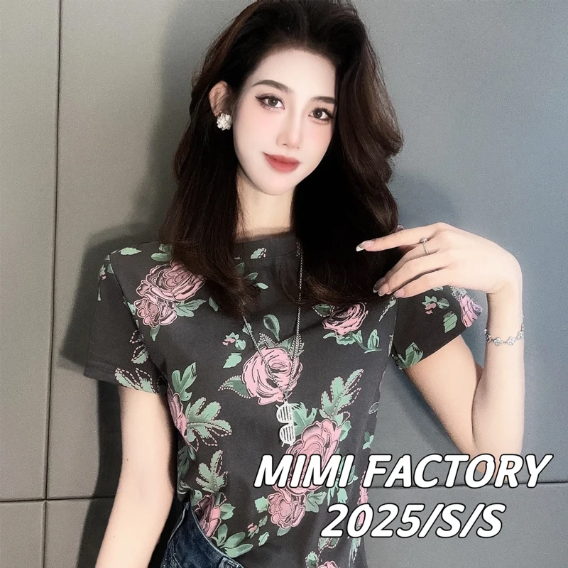 玫瑰花朵印花短袖t恤女夏季高级感大码胖mm正肩气质上衣