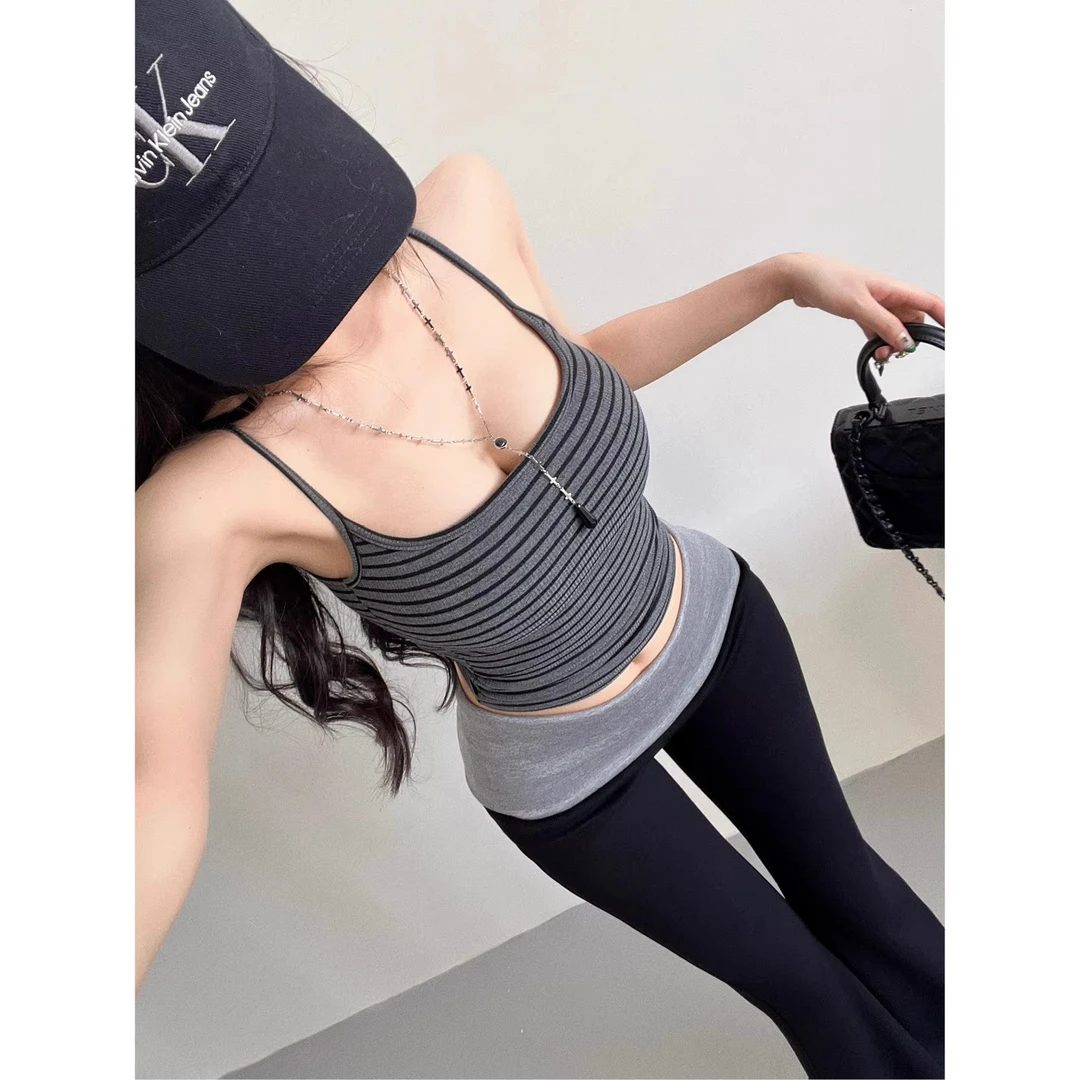 BEI110美式辣妹撞色收腰性感带胸垫条纹吊带背心女短款打底上衣