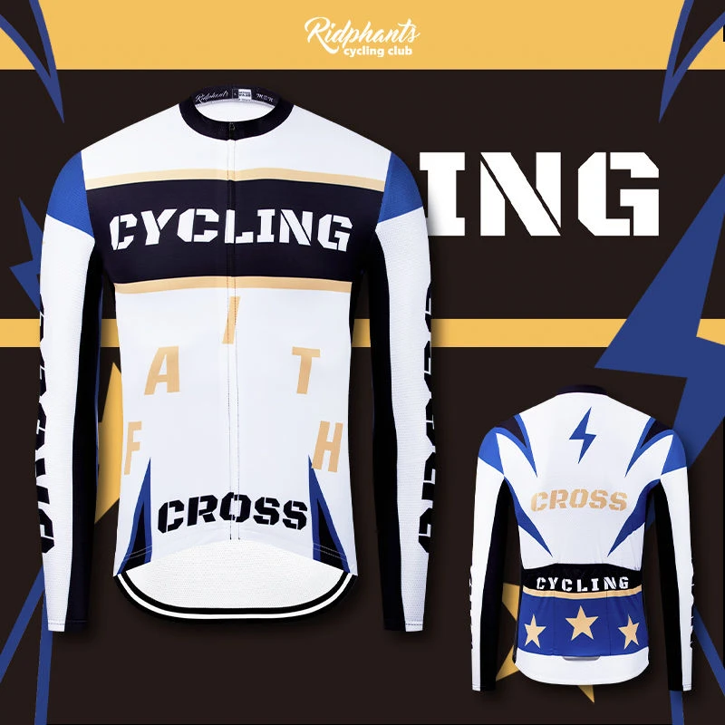 白蓝闪电春秋与冬款骑行服薄款与抓绒长袖男女自行车服单车保暖