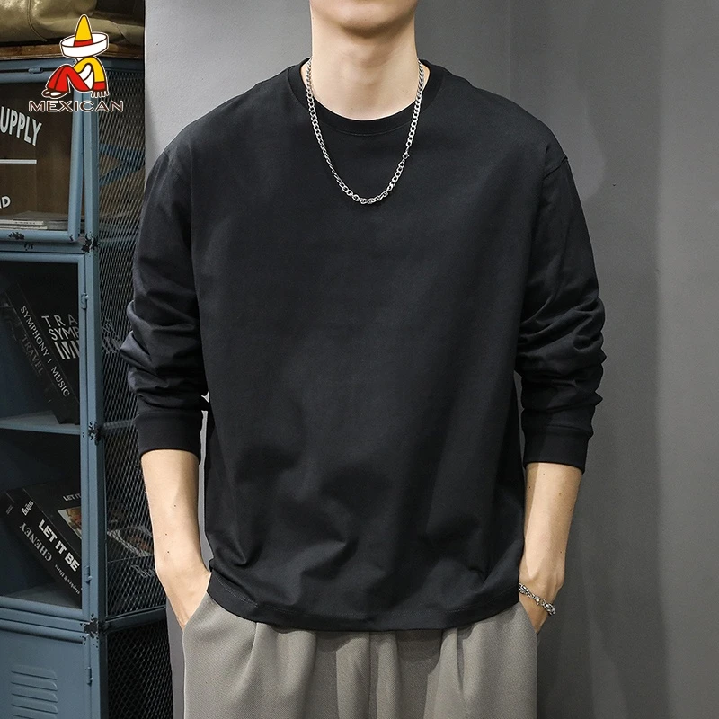 Mexican/稻草人秋季重磅纯棉长袖t恤男款宽松休闲纯色圆领打底衫