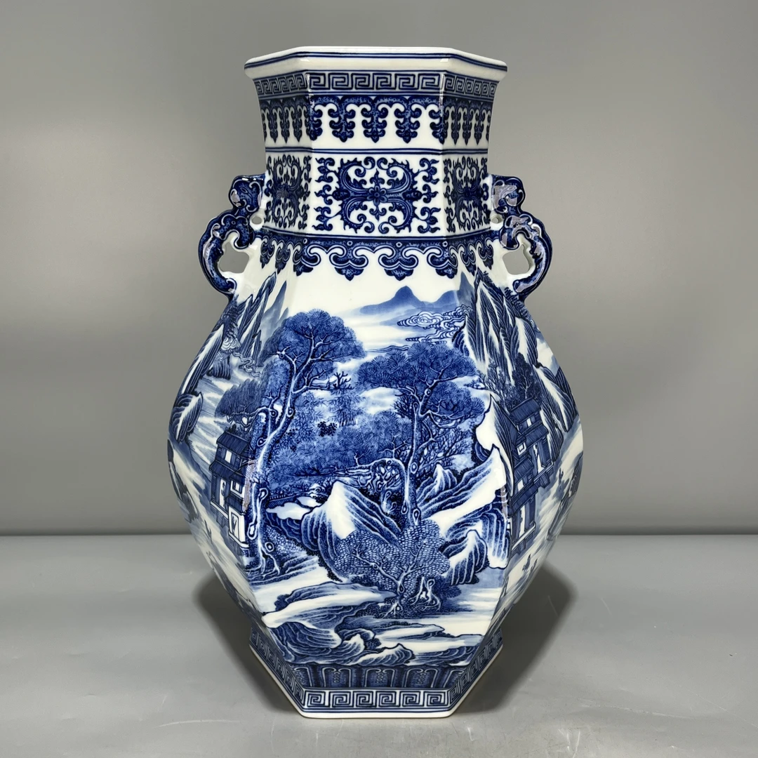 当代仿制 仿古大清乾隆年制青花山水楼阁双耳六方瓶