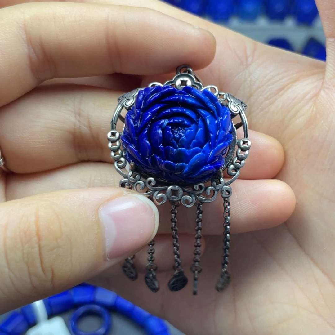 青金石银S925镶嵌花花吊坠