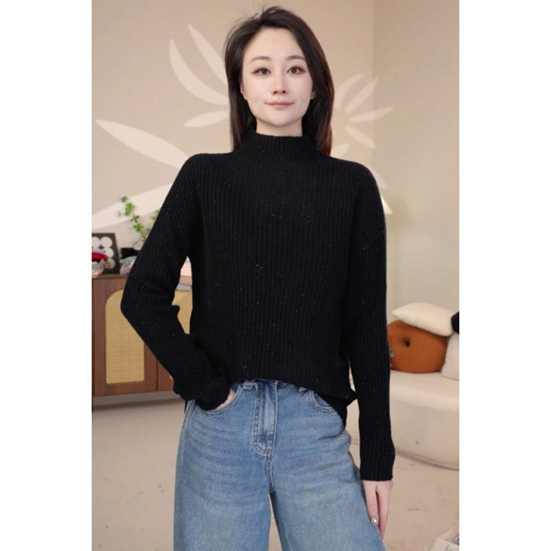 100羊毛无缝点子纱半高领打底衫长袖秋冬时尚百搭女士羊毛衫66111