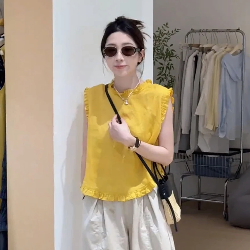 韩系木耳边时尚无袖衬衫女2025新款夏季宽松显瘦气质小衫甜美上衣