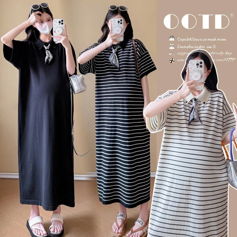 大码孕妇连衣裙2025夏季短袖条纹翻领宽松气质显瘦过膝长裙200斤