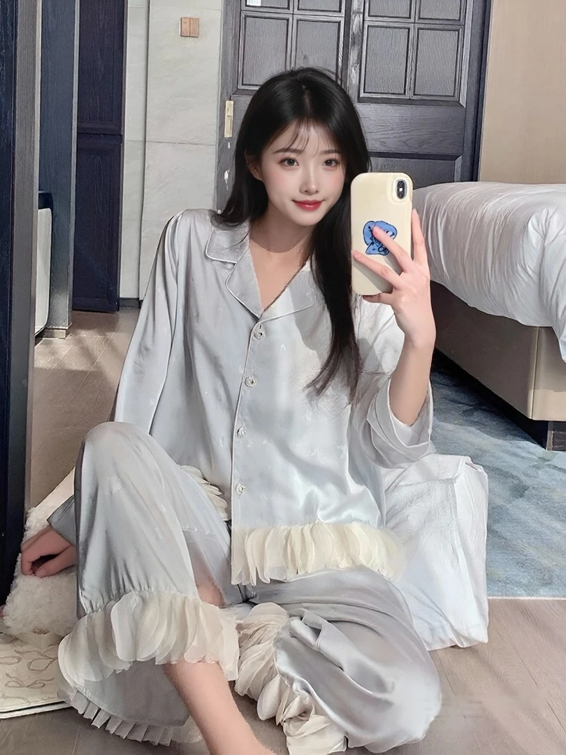 新款秋季睡衣女春冰丝纯欲长袖长裤可外穿家居服性感花边套装法式