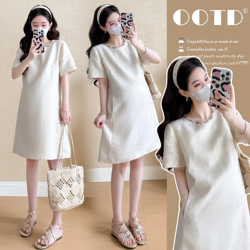 时髦孕妇装夏季钉珠亚麻小香风连衣裙女夏季2025新款短袖重工裙