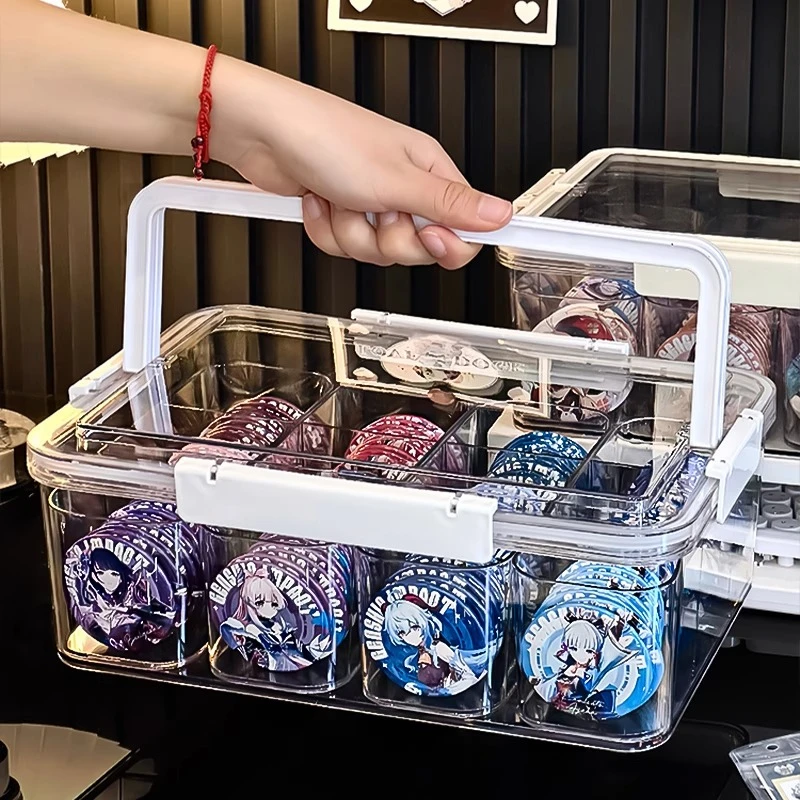 桌面收纳盒吧唧展示盒亚克力透明盒带盖分隔盒多功能防尘卡片盒子