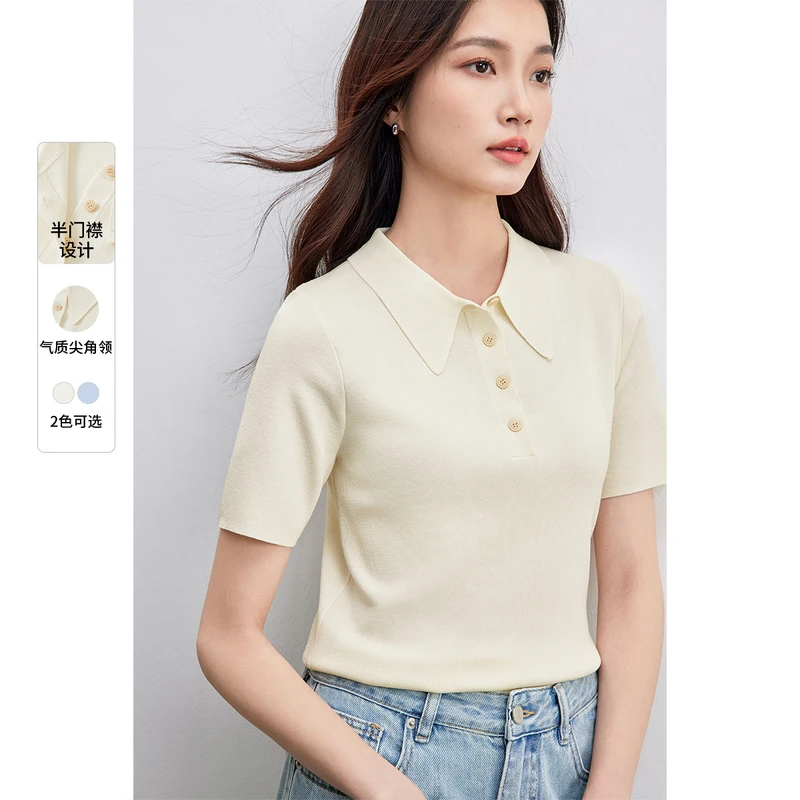 超弹力简约通勤尖角领半门襟设计修身显瘦清爽短袖针织衫59260