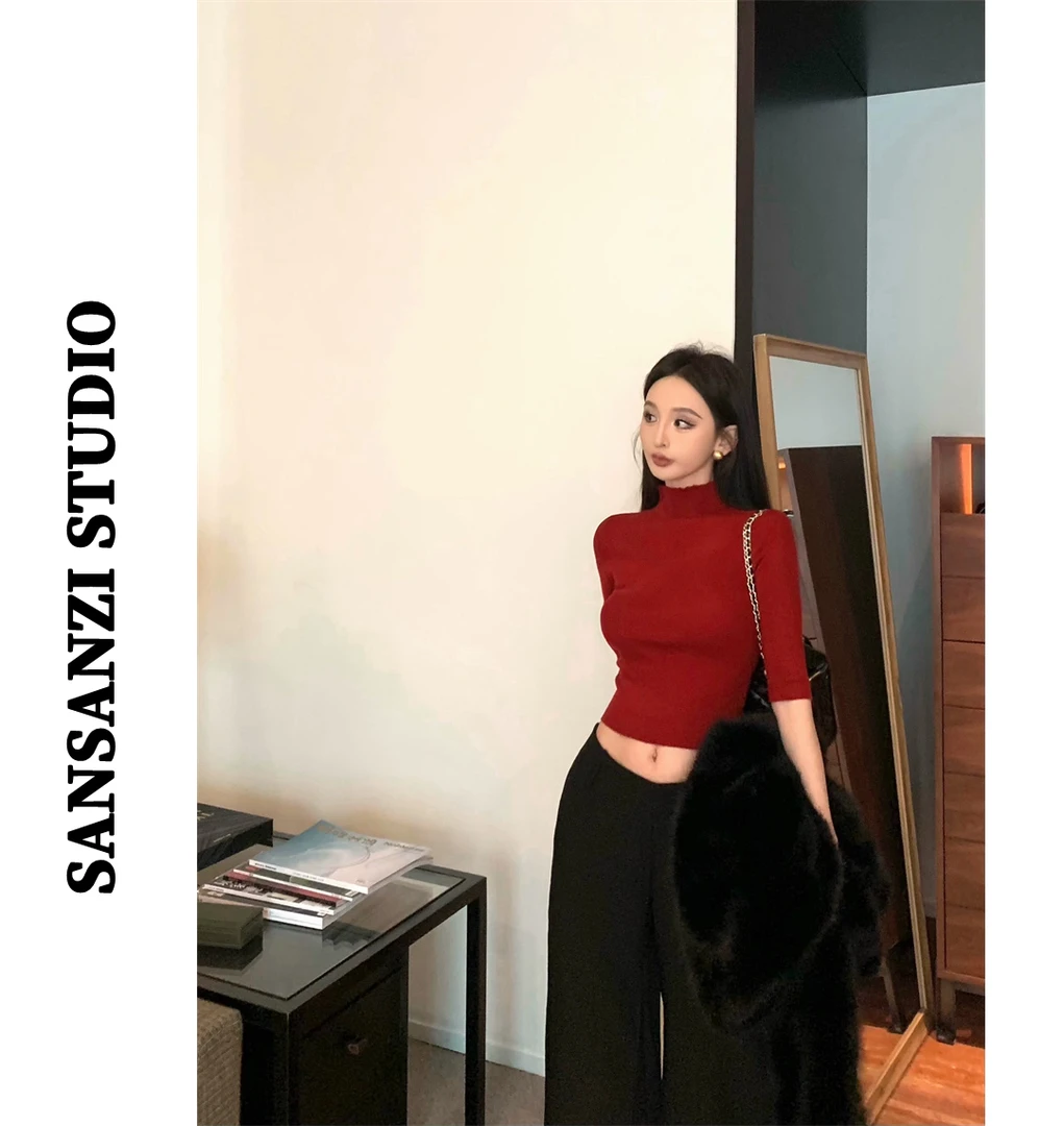 SANSANZI时髦复古气质显瘦修身针织上衣直筒阔腿长裤套装