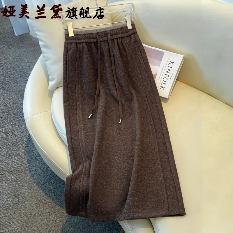 咖色毛呢半身裙中长款女秋冬季2025新款韩版显瘦松紧腰直筒包臀裙