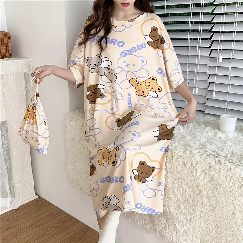 短袖睡衣女夏季纯棉胖mm特大码过膝甜美家居服孕妇中长款卡通睡裙