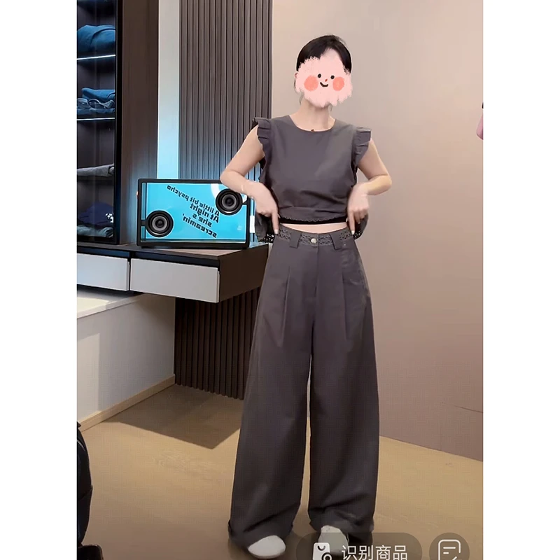 【巴洛克诗】飞飞袖圆领上衣两穿＋设计感直筒阔腿裤松紧腰两件套