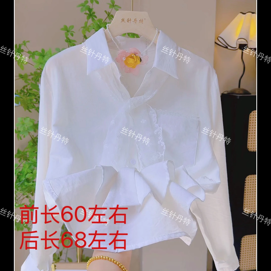 叶2502 时尚蕾丝飘带polo领长袖衬衫女春夏2025春装新款白色衬衣