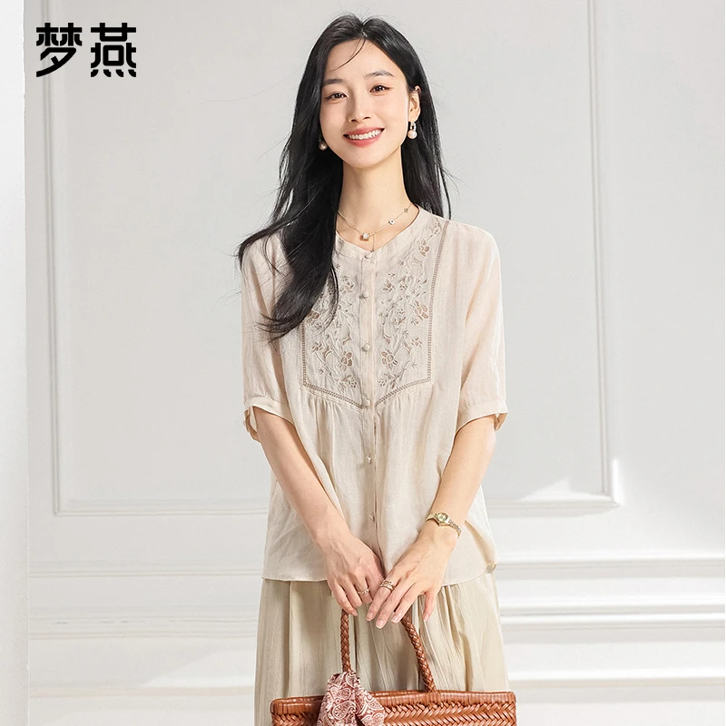 梦燕夏季女款时尚百搭优雅宽松休闲舒适中国风苎麻上衣BA04B5038