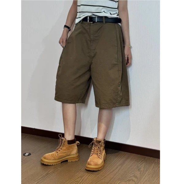 XiANJiE 2025夏季复古纯色基础工装立体剪裁五分裤短裤