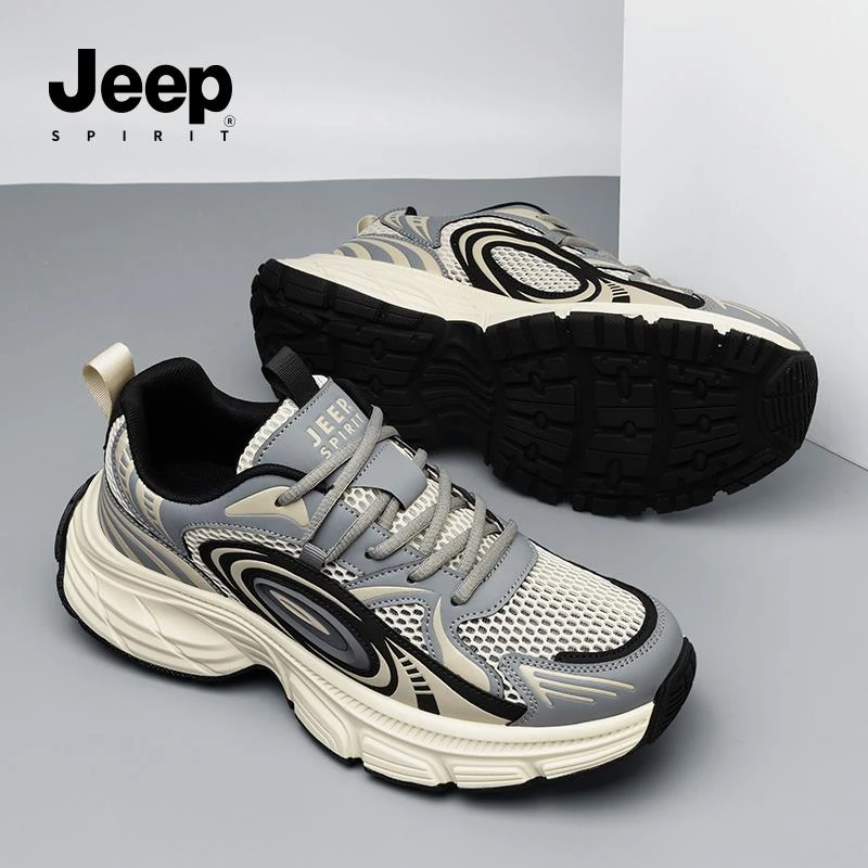 JEEPSPIRIT素面透气户外休闲鞋厚底网面鞋休闲跑步男鞋春季运动鞋