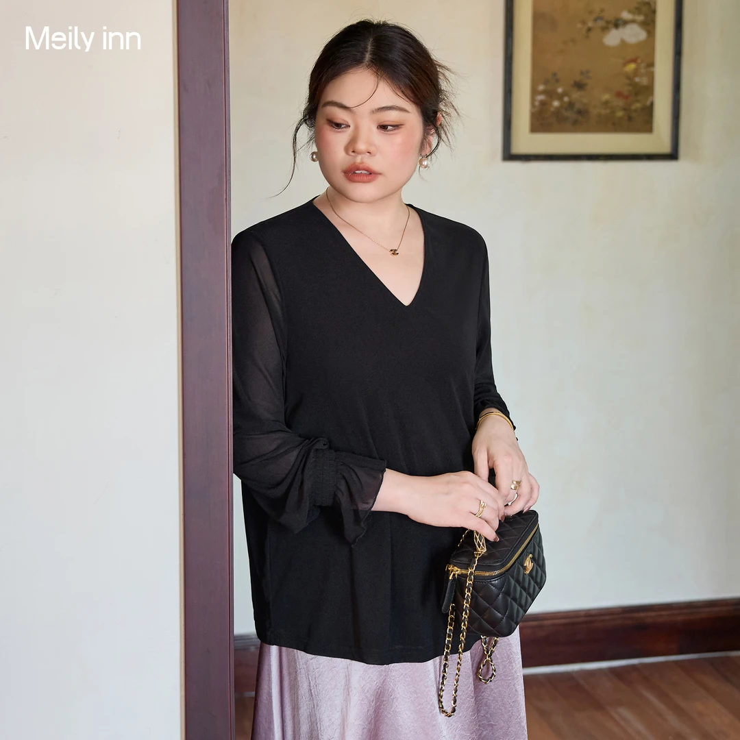 美丽客栈大码女装宽松遮肚显瘦休闲上衣V领长袖T恤减龄洋气打底衫