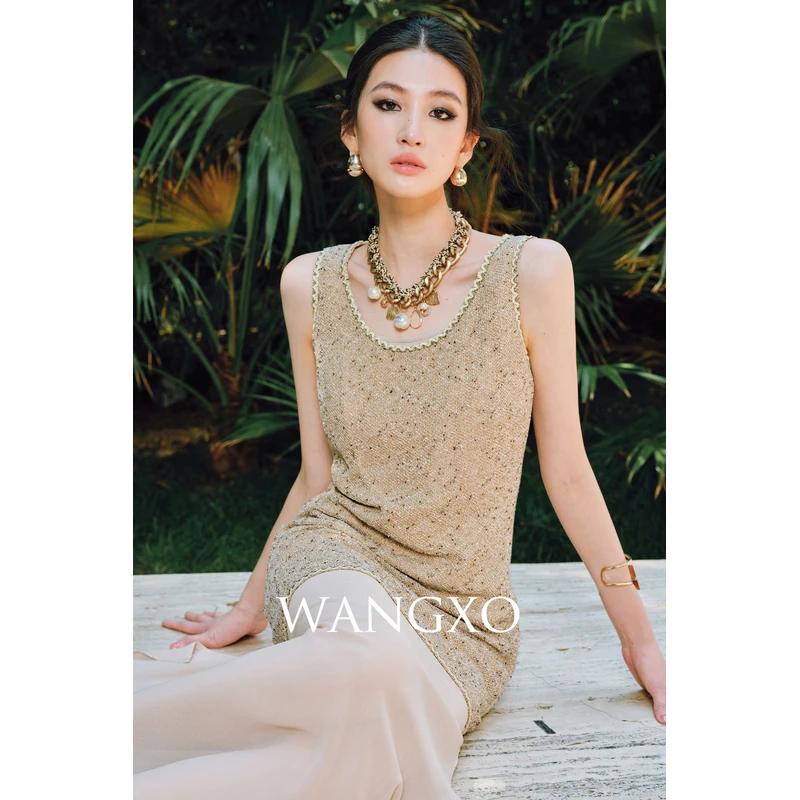 WANGXO 缎面乔其拼接吊带长裙  250252W