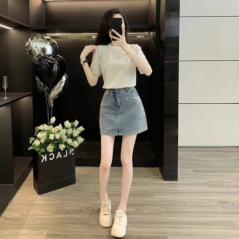 小个子2025夏季新款洋气白色针织短袖上衣包臀牛仔短裙时尚套装女