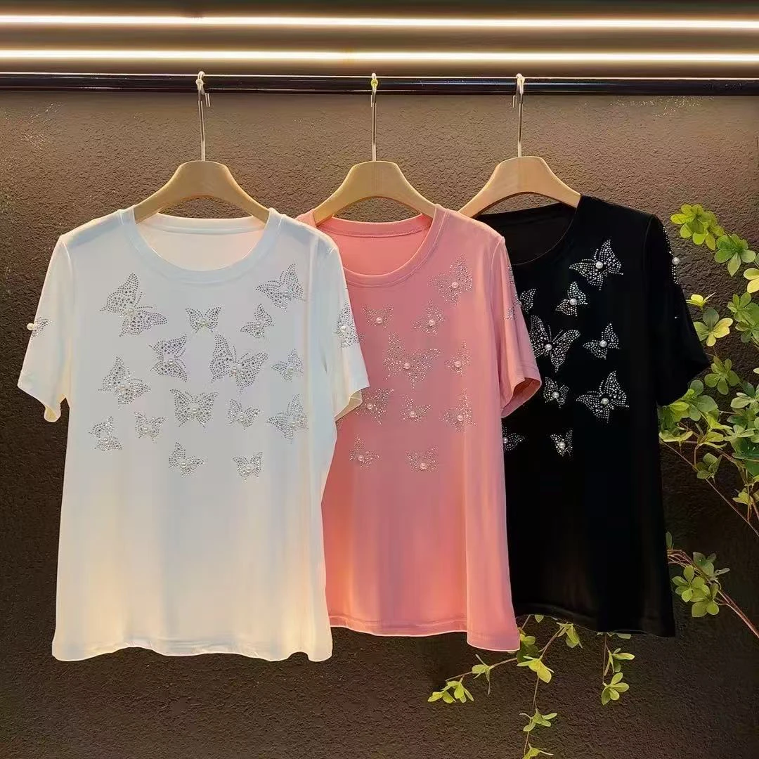 新款大码2025显瘦圆领百搭重工设计款蝴蝶洋气半袖/688