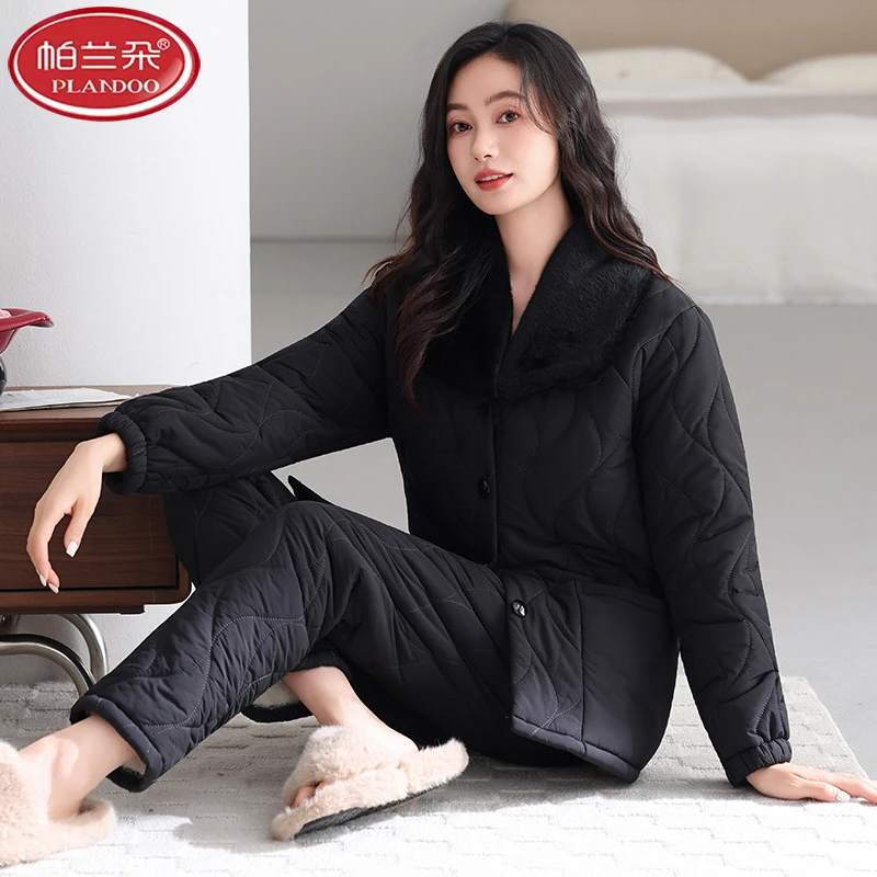 帕兰朵女士睡衣秋冬季保暖加厚女三层夹棉防水简约可外穿家居服套