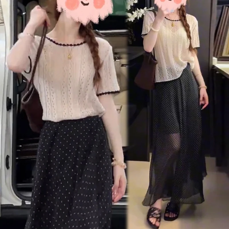 2025年夏季新款韩版时尚舒适高级感套装女休闲上衣高腰长裙两件套