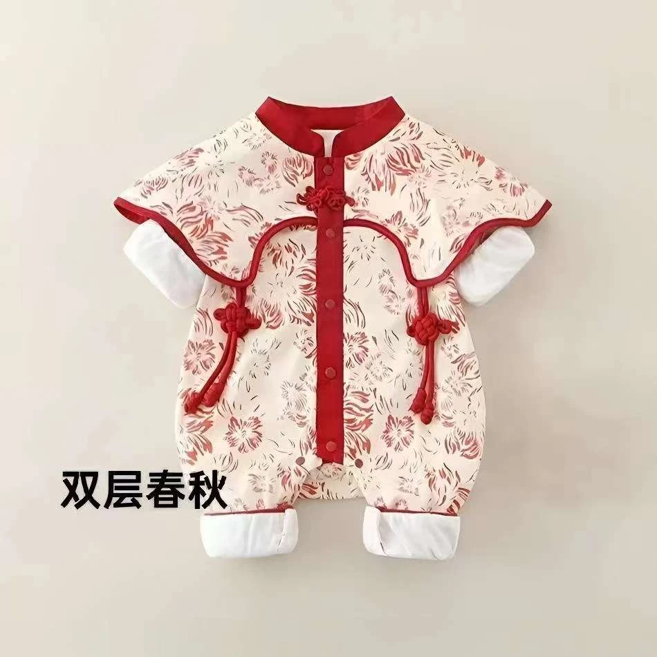 秋冬款婴幼儿中国风周岁百天连体中厚款礼服哈衣保暖棉服双层哈衣