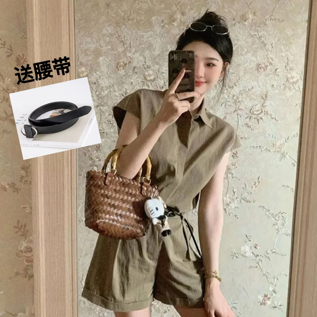 【送腰带+三件套】法式复古休闲衬衫上衣女高级感气质工装短裤夏季