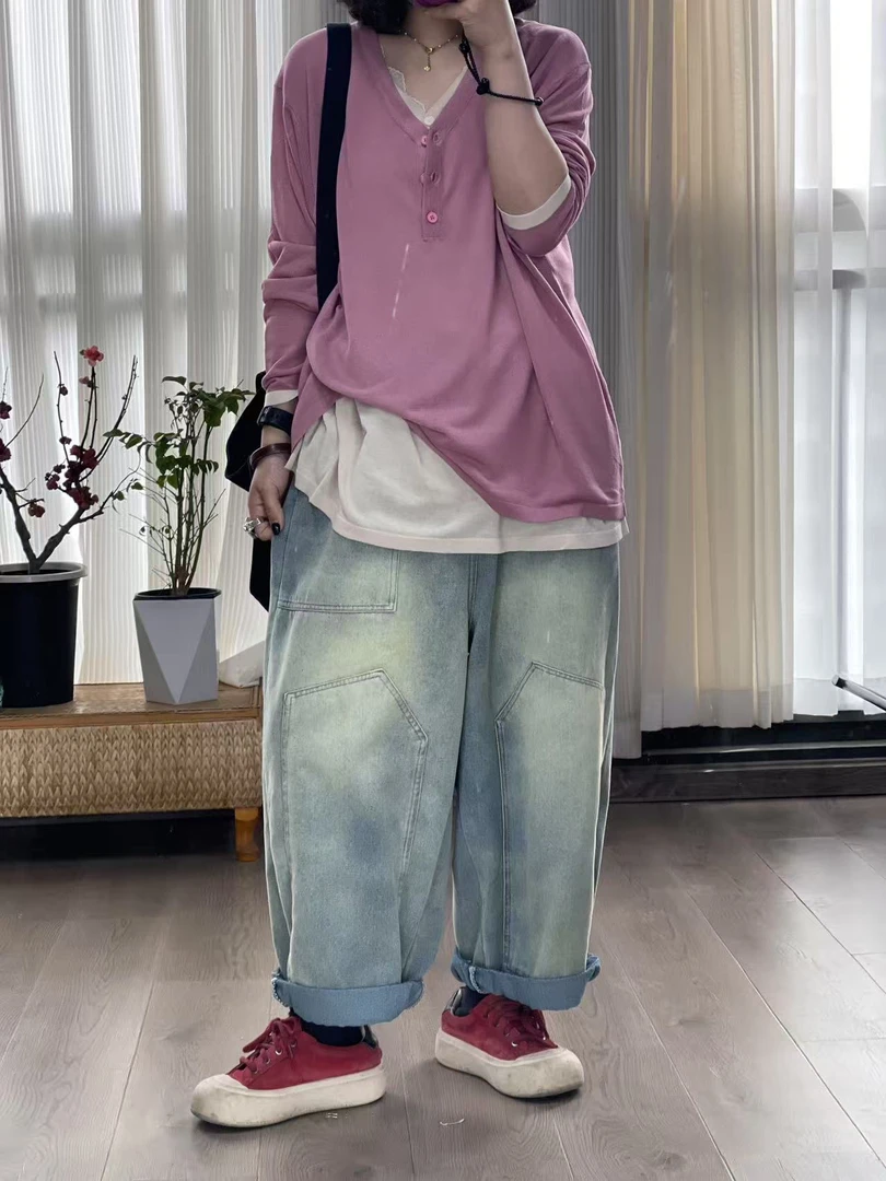 【若汐女装】欧韩版宽松大版休闲百搭假两件夏季透气冰麻长袖T恤228