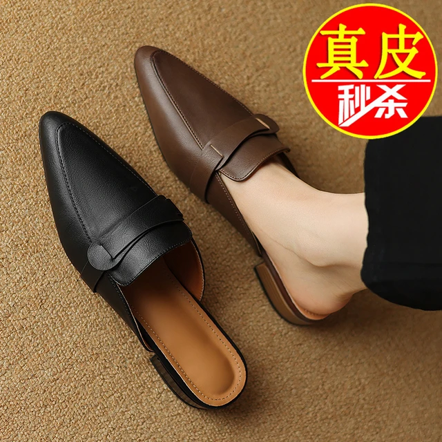 全真皮牛皮2025超火半拖鞋外穿新款夏季中跟尖头包头穆勒女鞋凉拖