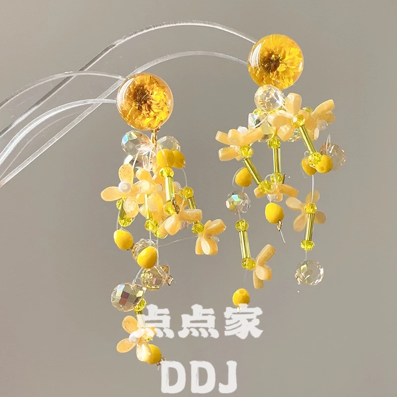 非金属树脂耳饰 E-430温柔甜美百搭气质时尚黄色干花花朵流苏耳环